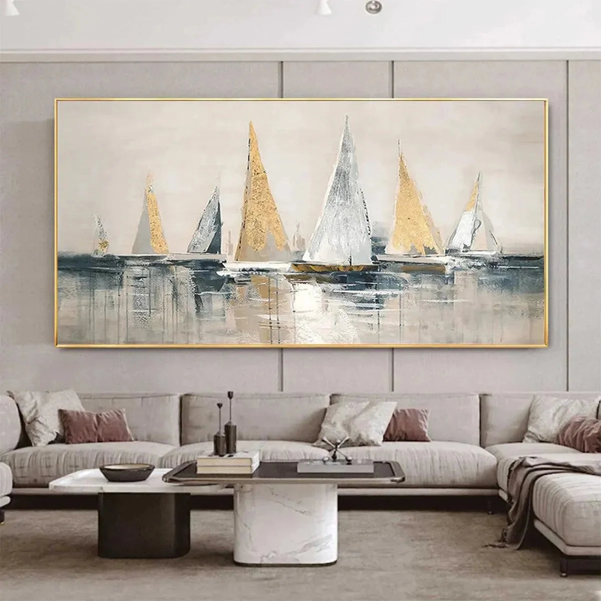 GOLDEN SAILBOATS: Textured Seascape Painting, Horizontal Wall Art | yellow palette, original oil on stretched canvas art