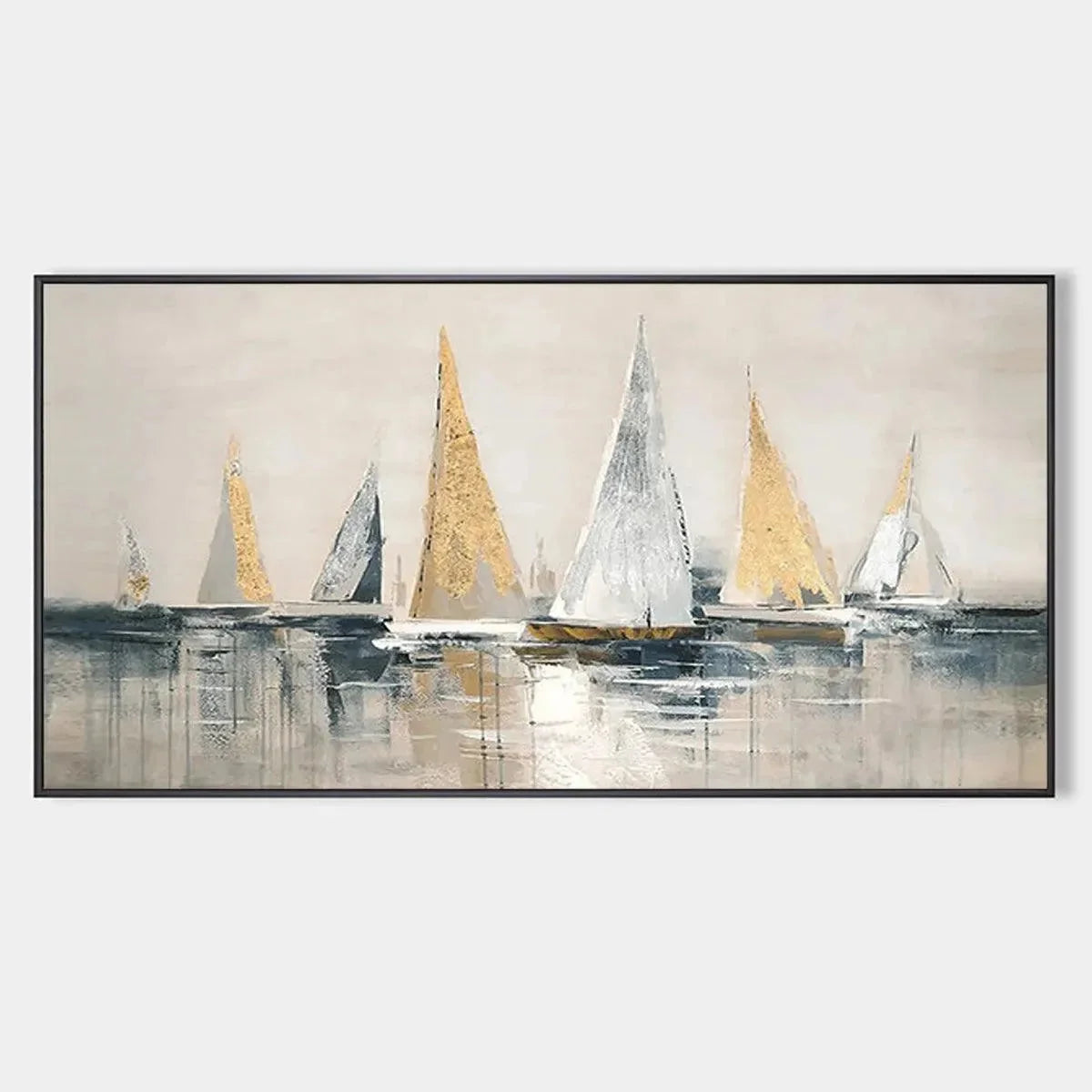 GOLDEN SAILBOATS: Textured Seascape Painting, Horizontal Wall Art | hanging in living room, Abstract wall art
