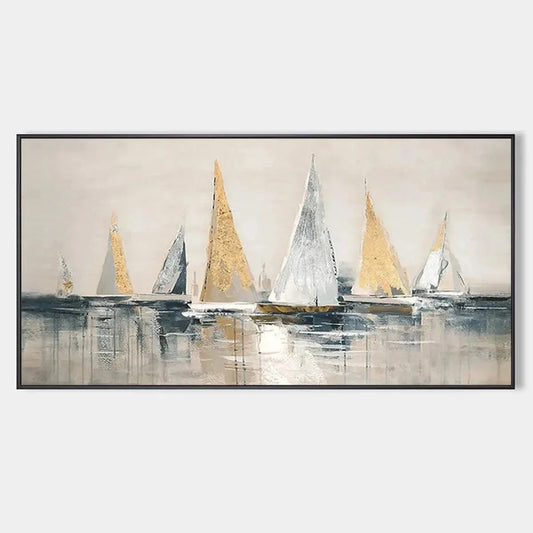 GOLDEN SAILBOATS: Textured Seascape Painting, Horizontal Wall Art | hanging in living room, Abstract wall art