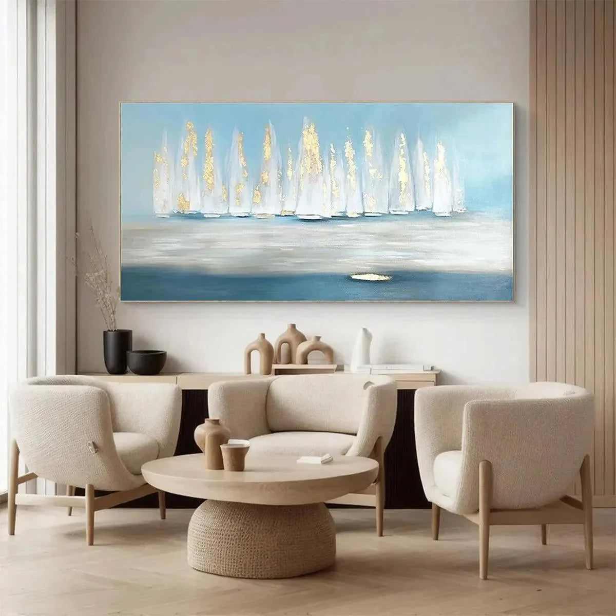 GOLDEN SAILS: Abstract Seascape Painting with Gold Accents | gold frame stretched on neutral wall