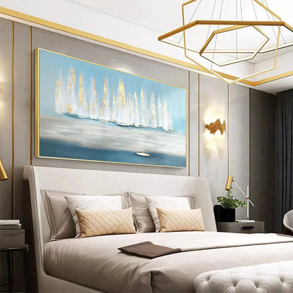 GOLDEN SAILS: Abstract Seascape Painting with Gold Accents | rolled canvas, ready for custom framing