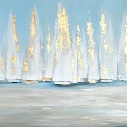 GOLDEN SAILS: Abstract Seascape Painting with Gold Accents | black frame version on white wall
