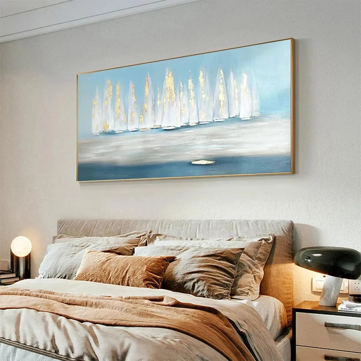 GOLDEN SAILS: Abstract Seascape Painting with Gold Accents | Abstract mood, soft natural light studio shot