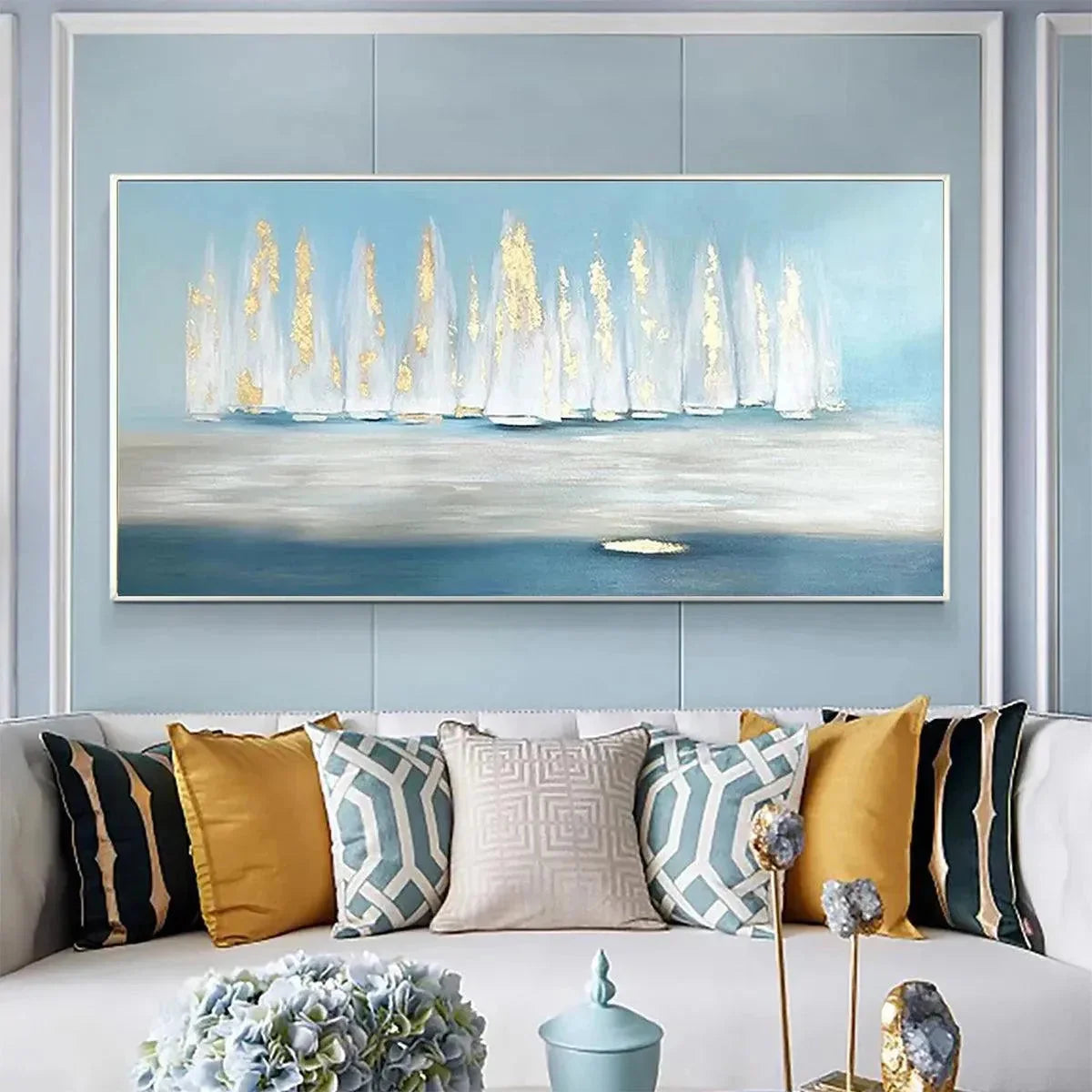 GOLDEN SAILS: Abstract Seascape Painting with Gold Accents | yellow palette, original oil on stretched canvas art