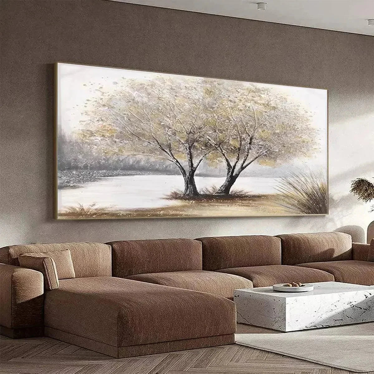 TWILIGHT TREES: Serene Landscape Painting of Trees by the Water | black frame version on white wall