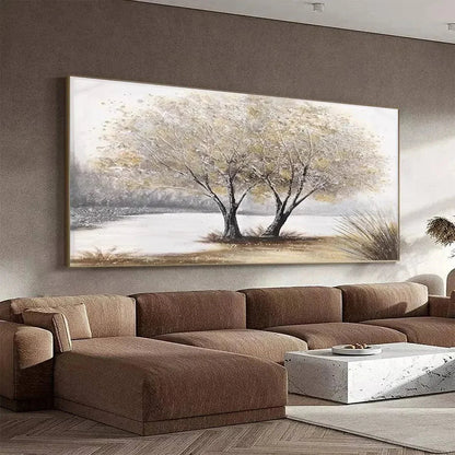 TWILIGHT TREES: Serene Landscape Painting of Trees by the Water | black frame version on white wall