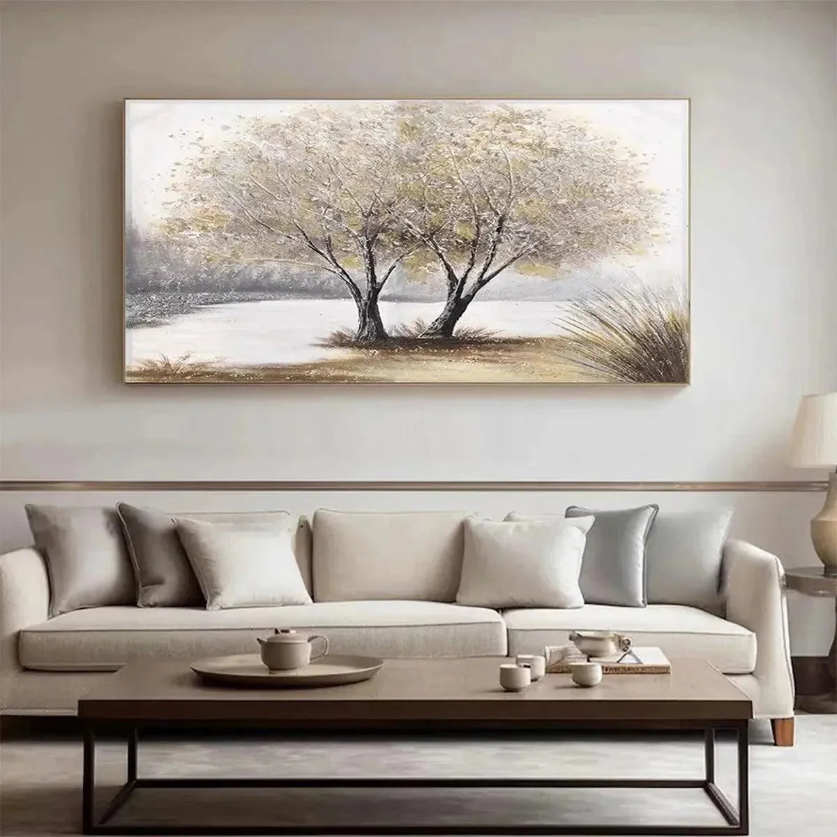 TWILIGHT TREES: Serene Landscape Painting of Trees by the Water | texture detail, palette knife marks visible