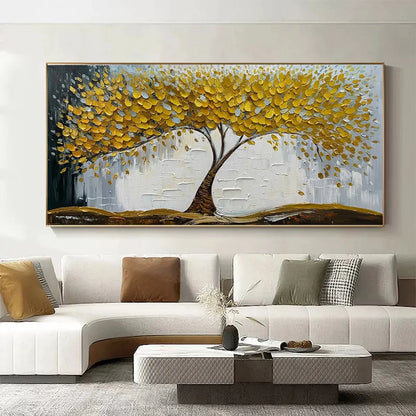 GOLDEN SANCTUARY: Textured Golden Tree Oil Painting on Canvas | Figurative closeup, raised brushwork detail