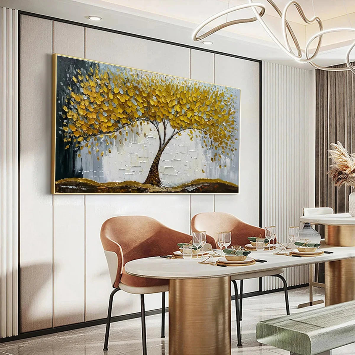 GOLDEN SANCTUARY: Textured Golden Tree Oil Painting on Canvas | gold frame stretched on neutral wall