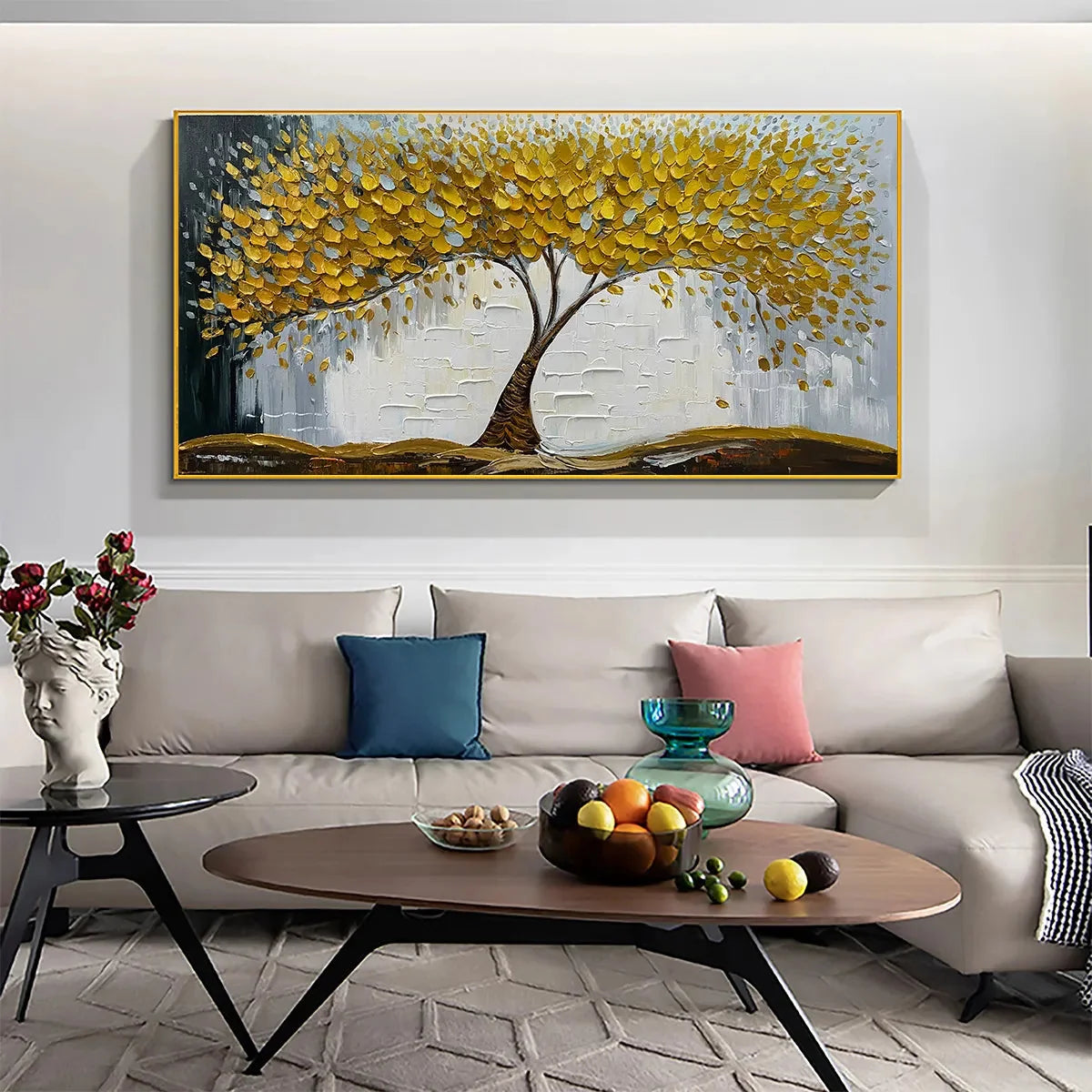 GOLDEN SANCTUARY: Textured Golden Tree Oil Painting on Canvas | black frame version on white wall