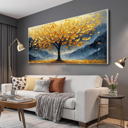 GOLDEN SANCTUARY: Textured Landscape Oil Painting | gold frame stretched on neutral wall