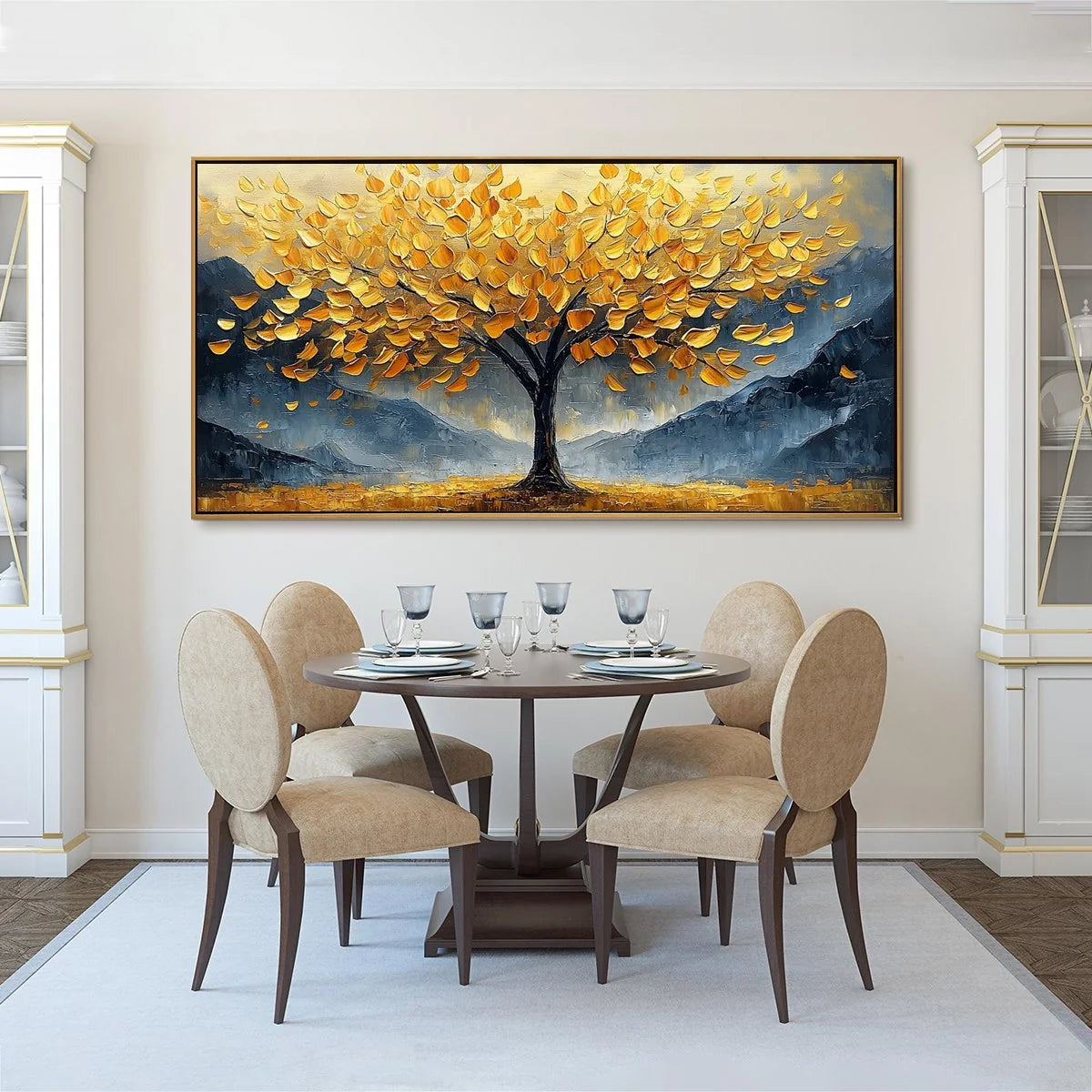 GOLDEN SANCTUARY: Textured Landscape Oil Painting | black frame version on white wall