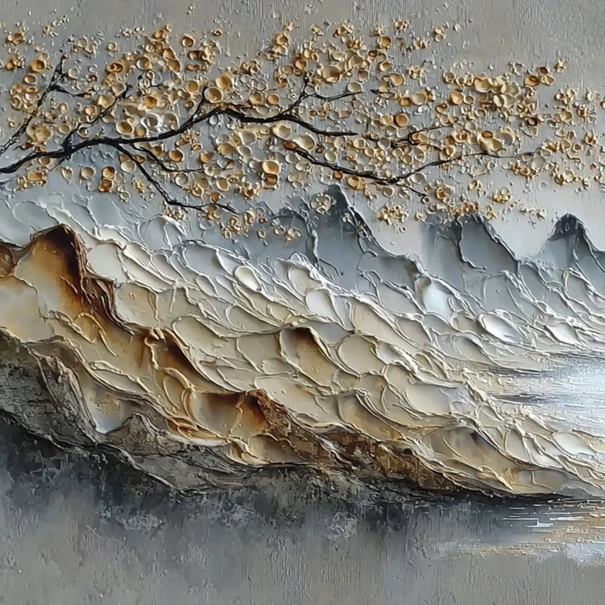 GOLDEN SERENITY: Textured Impasto Mountain Valley Landscape Painting | rectangular format, hand-painted canvas edge