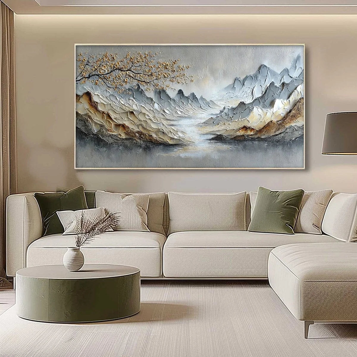 GOLDEN SERENITY: Textured Impasto Mountain Valley Landscape Painting | gold frame stretched on neutral wall