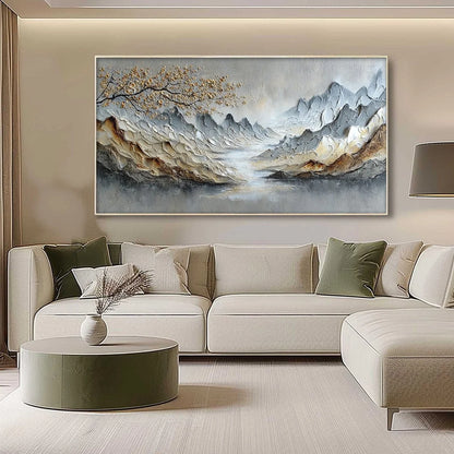 GOLDEN SERENITY: Textured Impasto Mountain Valley Landscape Painting | gold frame stretched on neutral wall