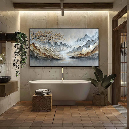 GOLDEN SERENITY: Textured Impasto Mountain Valley Landscape Painting | black frame version on white wall