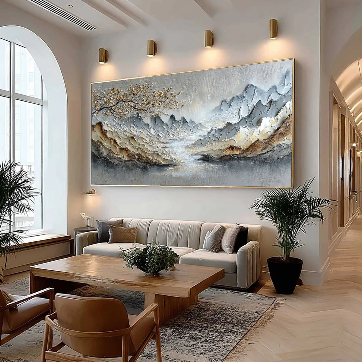GOLDEN SERENITY: Textured Impasto Mountain Valley Landscape Painting | Landscape mood, soft natural light studio shot