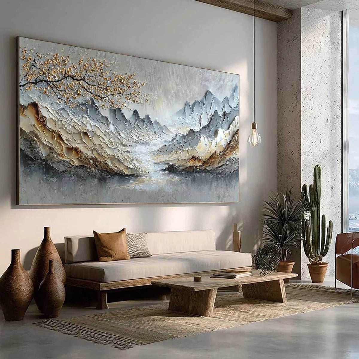 GOLDEN SERENITY: Textured Impasto Mountain Valley Landscape Painting | yellow palette, original oil on stretched canvas art
