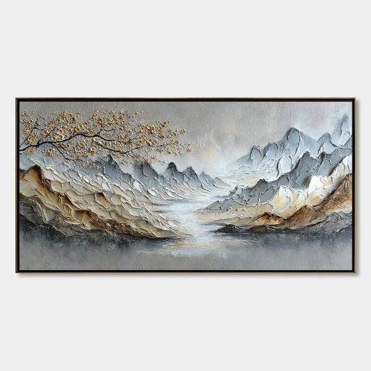 GOLDEN SERENITY: Textured Impasto Mountain Valley Landscape Painting | hanging in living room, Landscape wall art