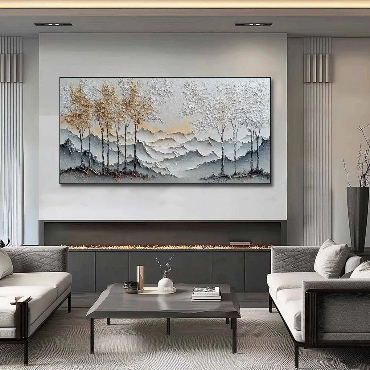 GOLDEN SILENCE: Textured Wabi Sabi Mountain and Trees Landscape Painting | Landscape closeup, raised brushwork detail