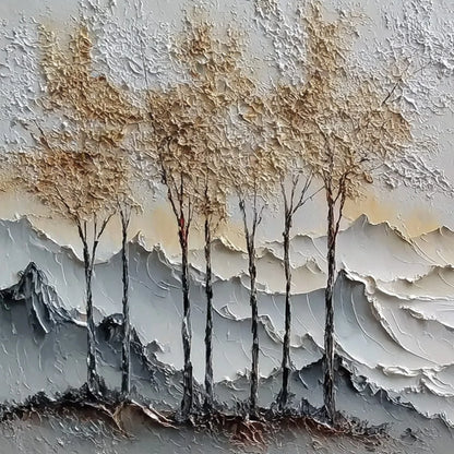 GOLDEN SILENCE: Textured Wabi Sabi Mountain and Trees Landscape Painting | rectangular format, hand-painted canvas edge