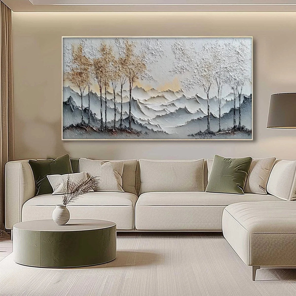 GOLDEN SILENCE: Textured Wabi Sabi Mountain and Trees Landscape Painting | gold frame stretched on neutral wall