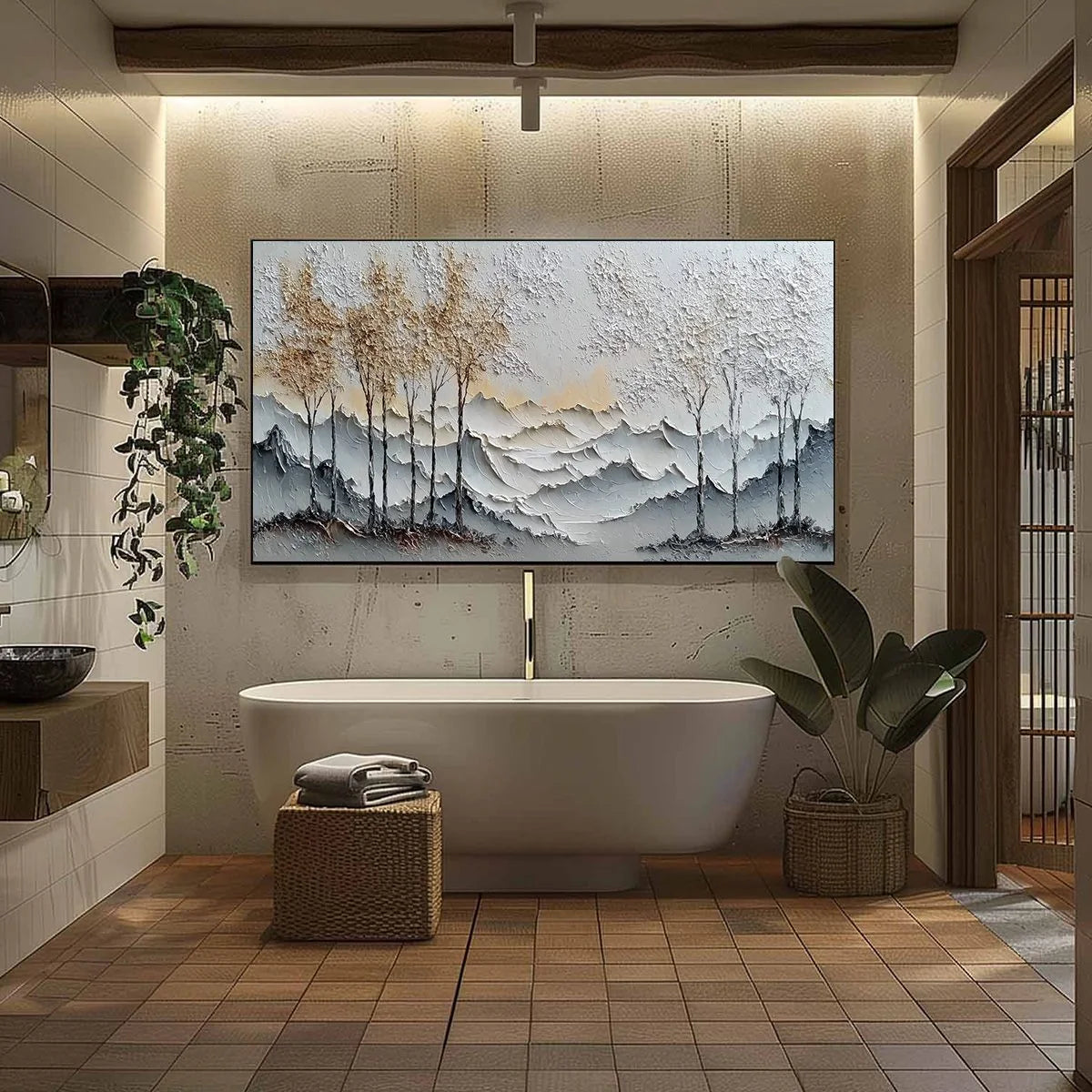 GOLDEN SILENCE: Textured Wabi Sabi Mountain and Trees Landscape Painting | black frame version on white wall