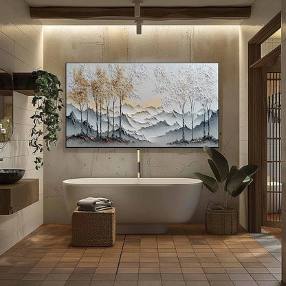 GOLDEN SILENCE: Textured Wabi Sabi Mountain and Trees Landscape Painting | black frame version on white wall
