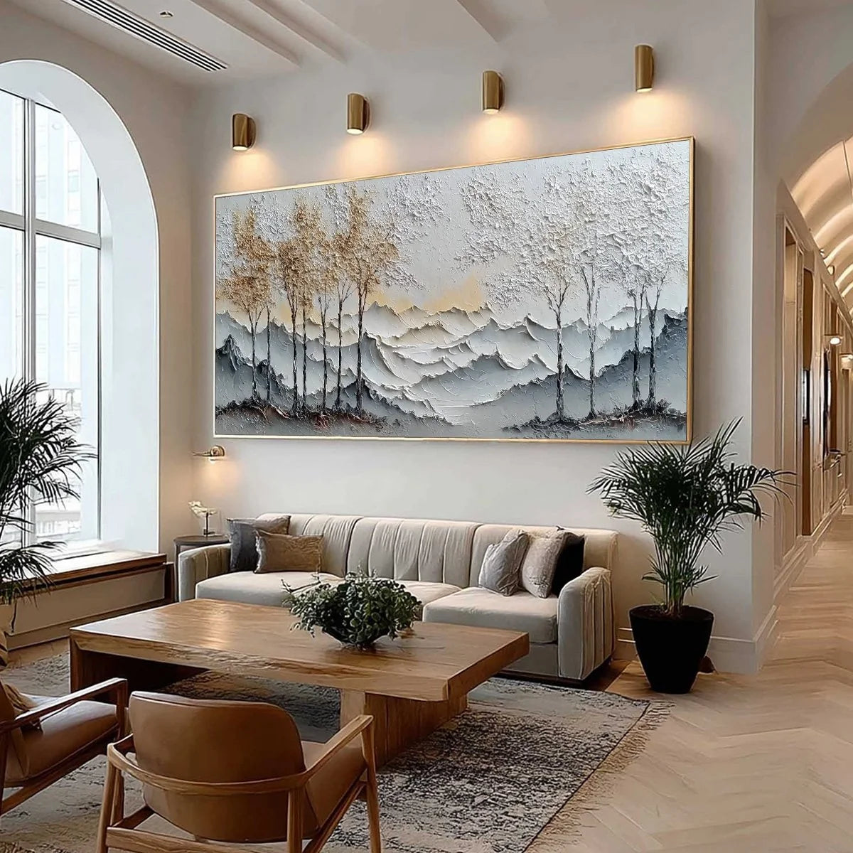 GOLDEN SILENCE: Textured Wabi Sabi Mountain and Trees Landscape Painting | Landscape mood, soft natural light studio shot