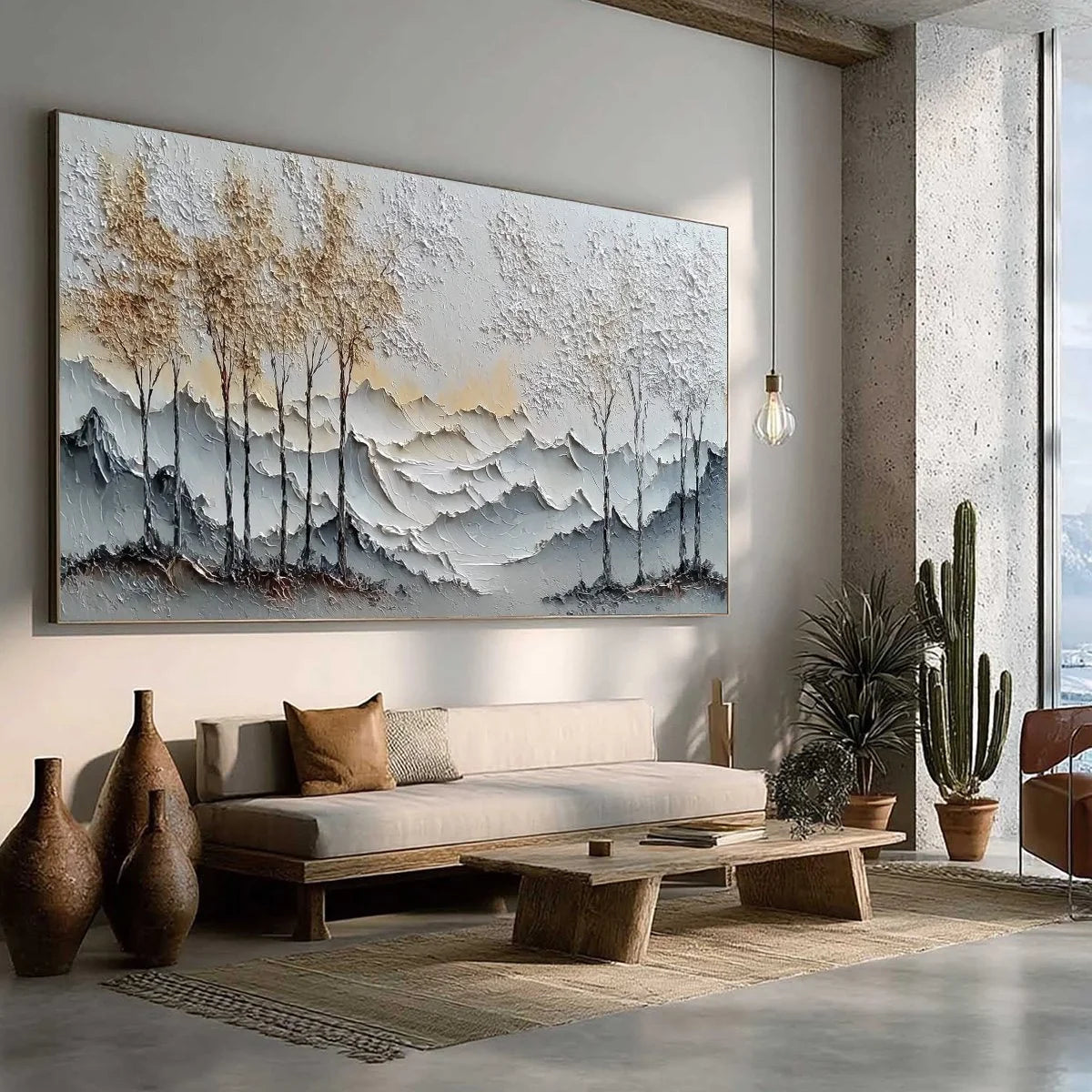 GOLDEN SILENCE: Textured Wabi Sabi Mountain and Trees Landscape Painting | yellow palette, original oil on stretched canvas art