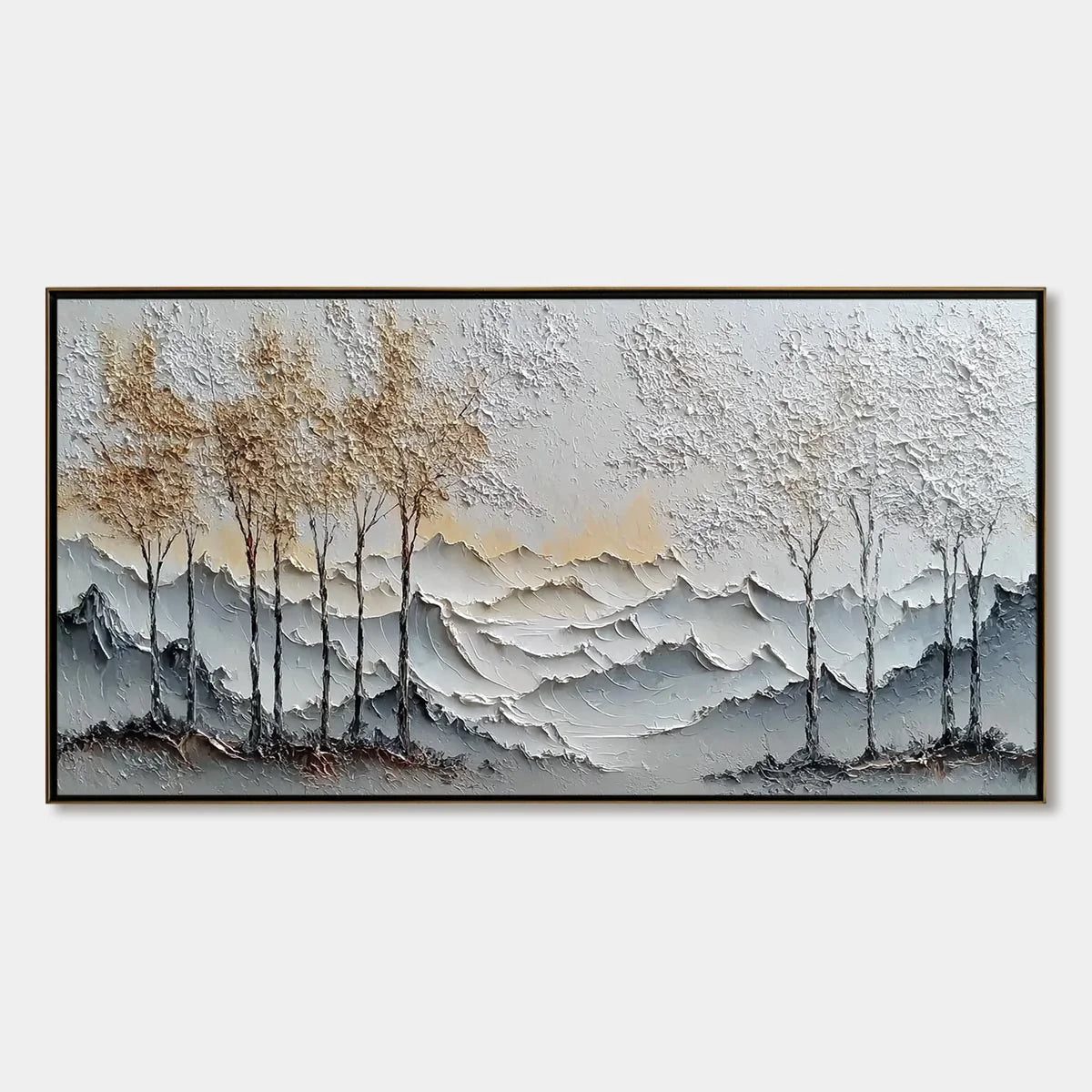GOLDEN SILENCE: Textured Wabi Sabi Mountain and Trees Landscape Painting | hanging in living room, Landscape wall art
