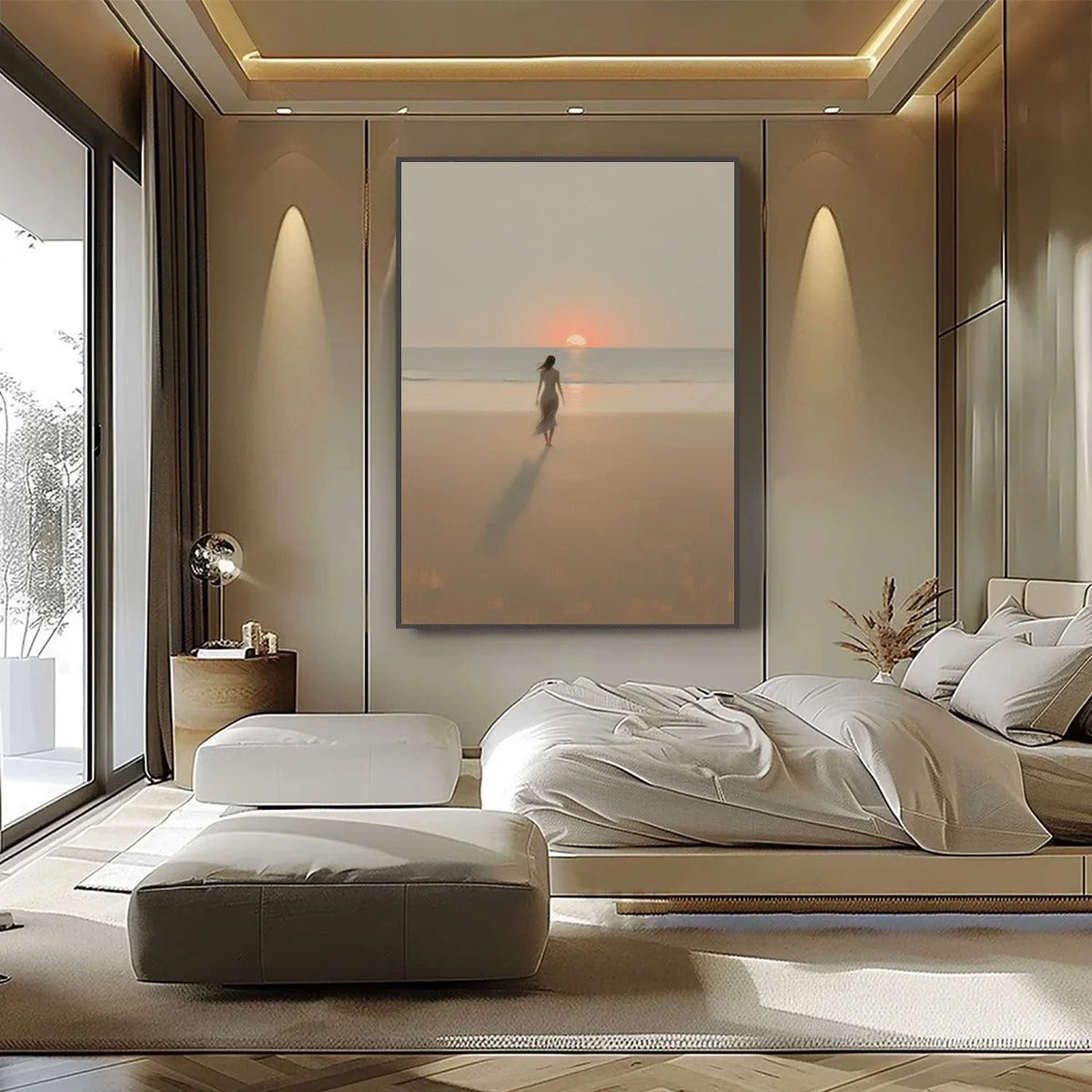 GOLDEN HOUR SOLACE: Minimalist Wabi Sabi Beach Scene Oil Painting | Minimalist closeup, raised brushwork detail