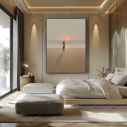 GOLDEN HOUR SOLACE: Minimalist Wabi Sabi Beach Scene Oil Painting | Minimalist closeup, raised brushwork detail