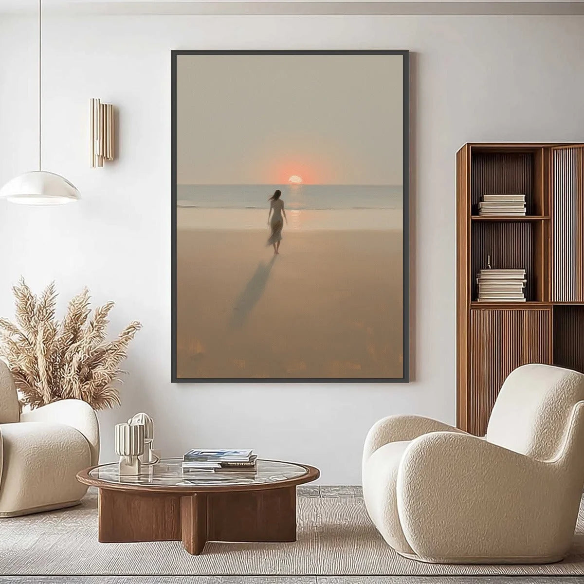 GOLDEN HOUR SOLACE: Minimalist Wabi Sabi Beach Scene Oil Painting | gold frame stretched on neutral wall