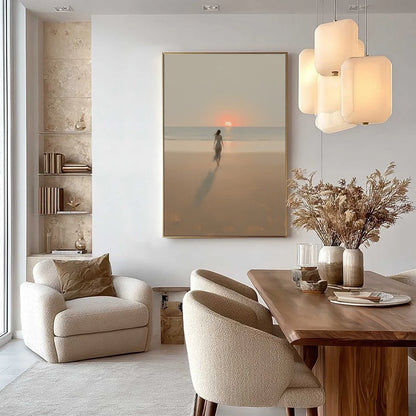 GOLDEN HOUR SOLACE: Minimalist Wabi Sabi Beach Scene Oil Painting | black frame version on white wall