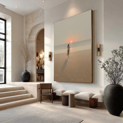 GOLDEN HOUR SOLACE: Minimalist Wabi Sabi Beach Scene Oil Painting | Minimalist mood, soft natural light studio shot