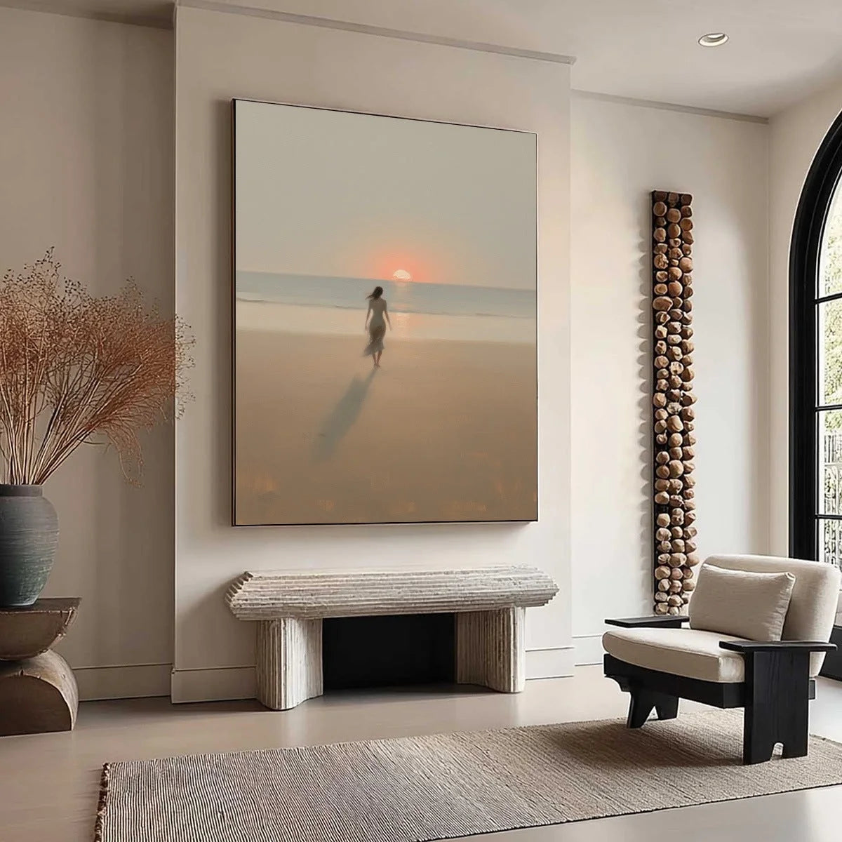 GOLDEN HOUR SOLACE: Minimalist Wabi Sabi Beach Scene Oil Painting | yellow palette, original oil on stretched canvas art