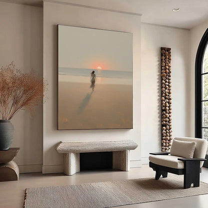 GOLDEN HOUR SOLACE: Minimalist Wabi Sabi Beach Scene Oil Painting | yellow palette, original oil on stretched canvas art