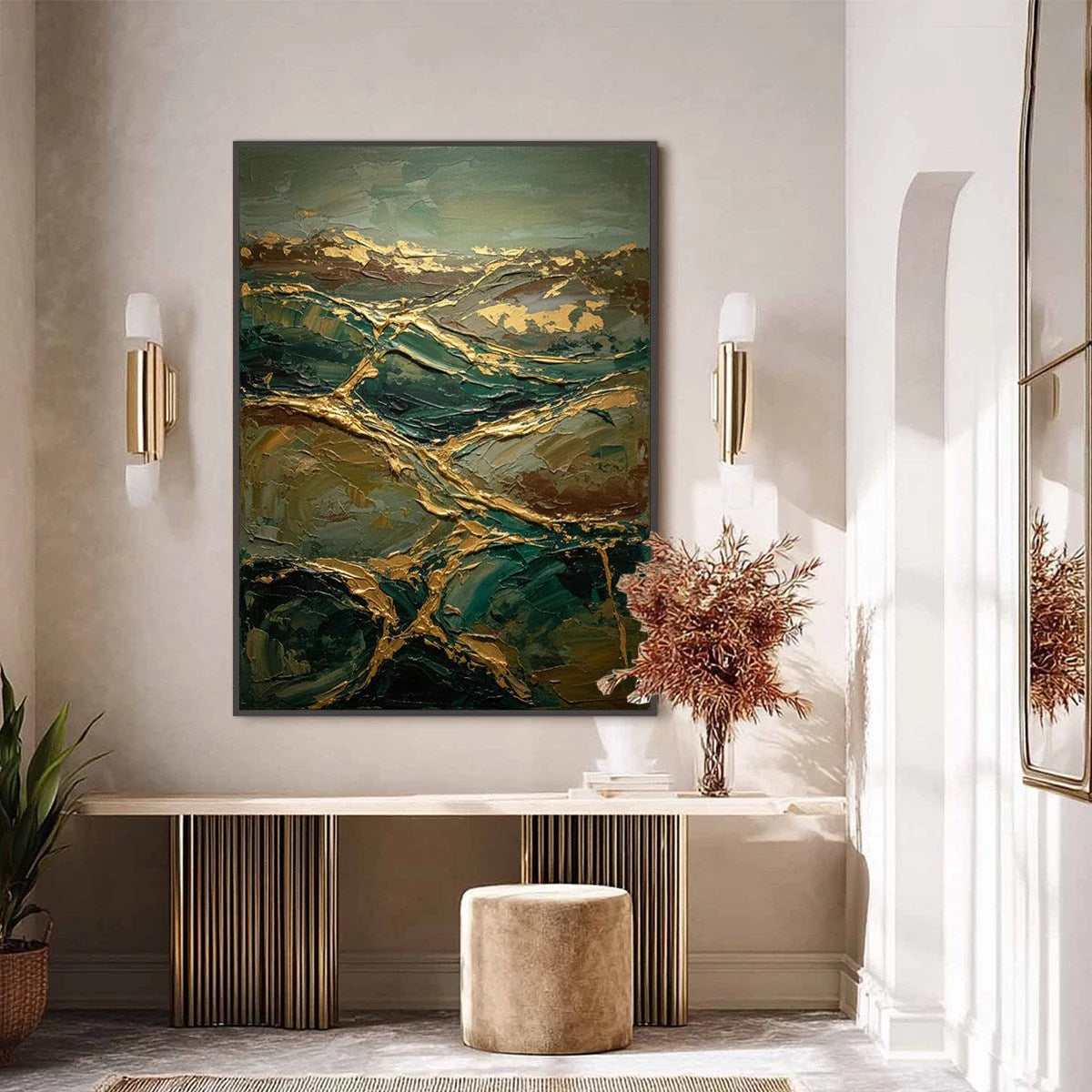 GOLDEN STRATA: Textured Abstract Green and Gold Mountain Impasto Painting | Abstract closeup, raised brushwork detail