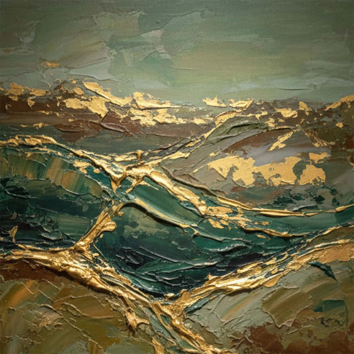 GOLDEN STRATA: Textured Abstract Green and Gold Mountain Impasto Painting | rectangular format, hand-painted canvas edge