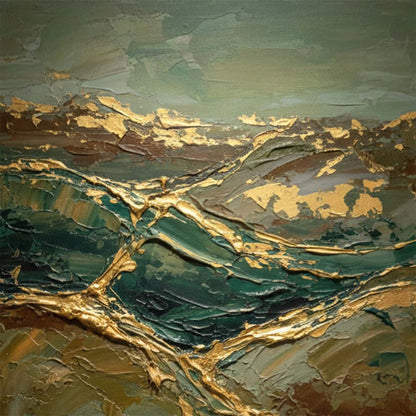 GOLDEN STRATA: Textured Abstract Green and Gold Mountain Impasto Painting | rectangular format, hand-painted canvas edge