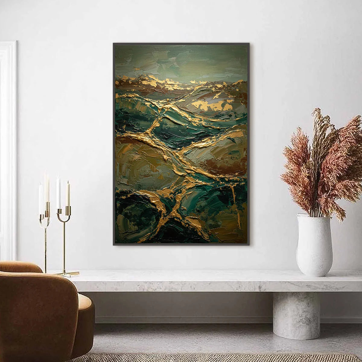 GOLDEN STRATA: Textured Abstract Green and Gold Mountain Impasto Painting | gold frame stretched on neutral wall