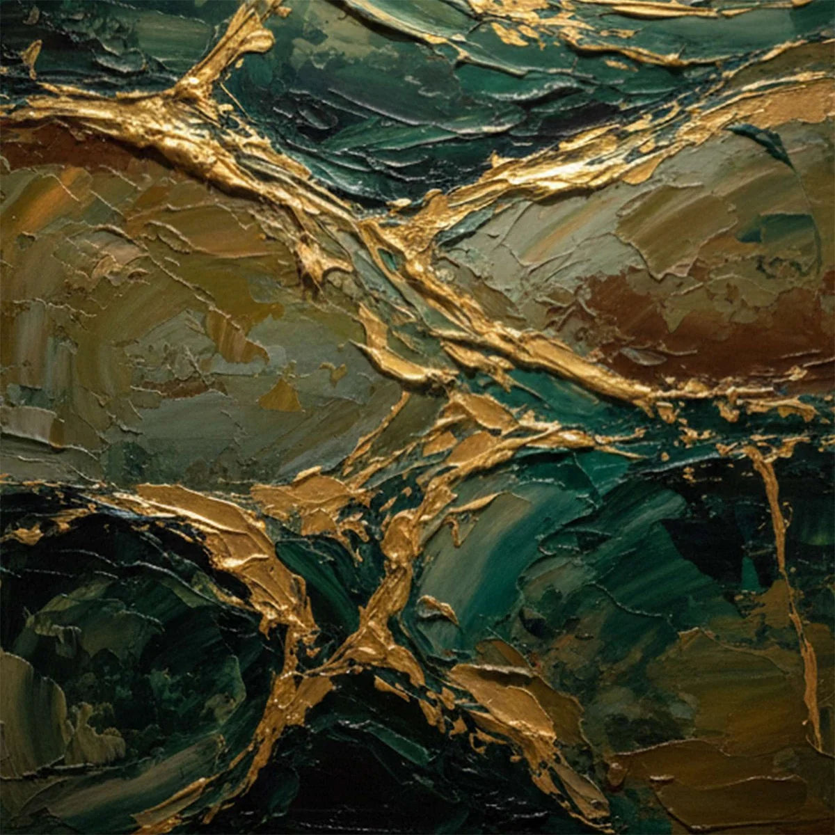 GOLDEN STRATA: Textured Abstract Green and Gold Mountain Impasto Painting | rolled canvas, ready for custom framing