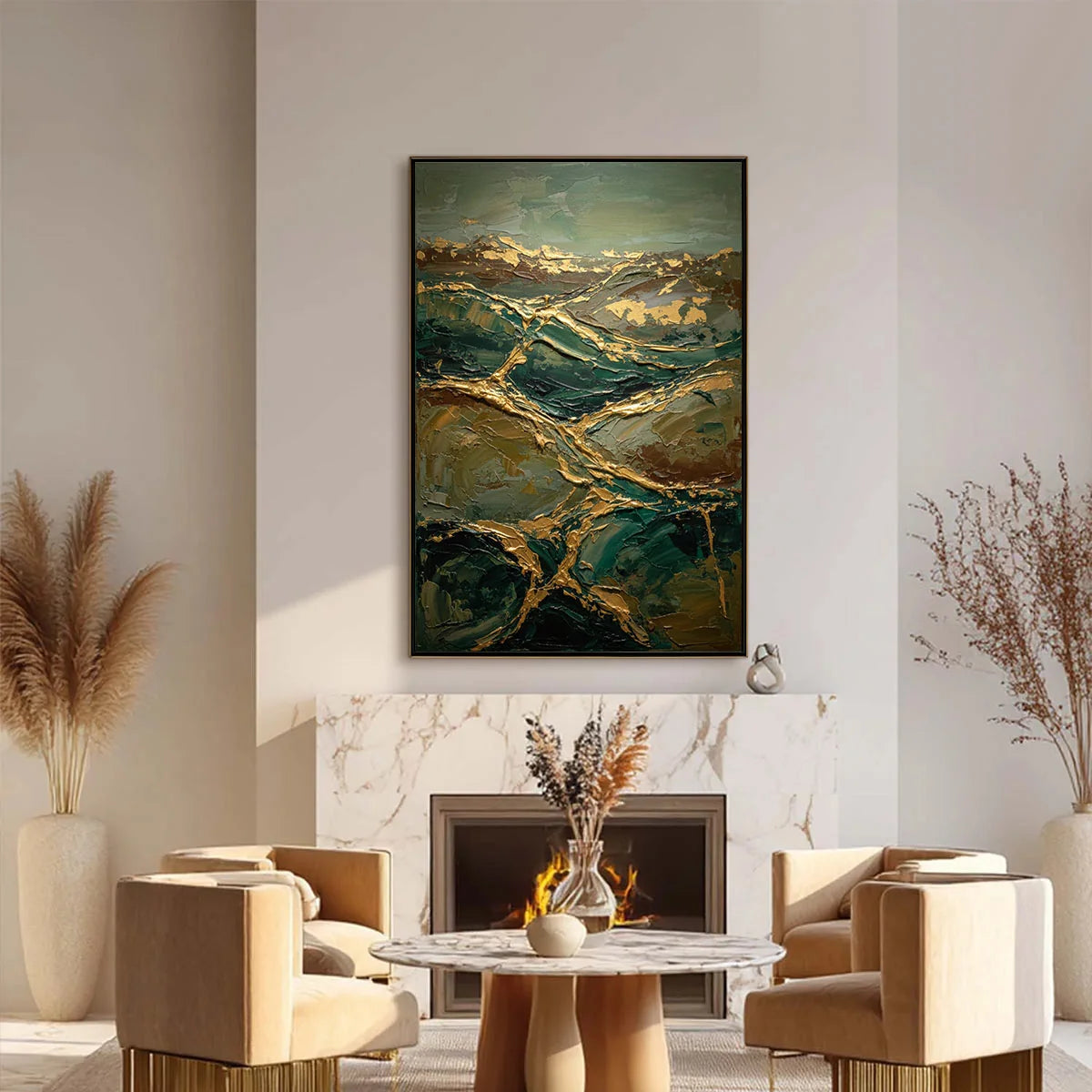 GOLDEN STRATA: Textured Abstract Green and Gold Mountain Impasto Painting | black frame version on white wall