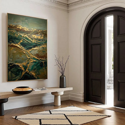 GOLDEN STRATA: Textured Abstract Green and Gold Mountain Impasto Painting | green palette, original oil on stretched canvas art