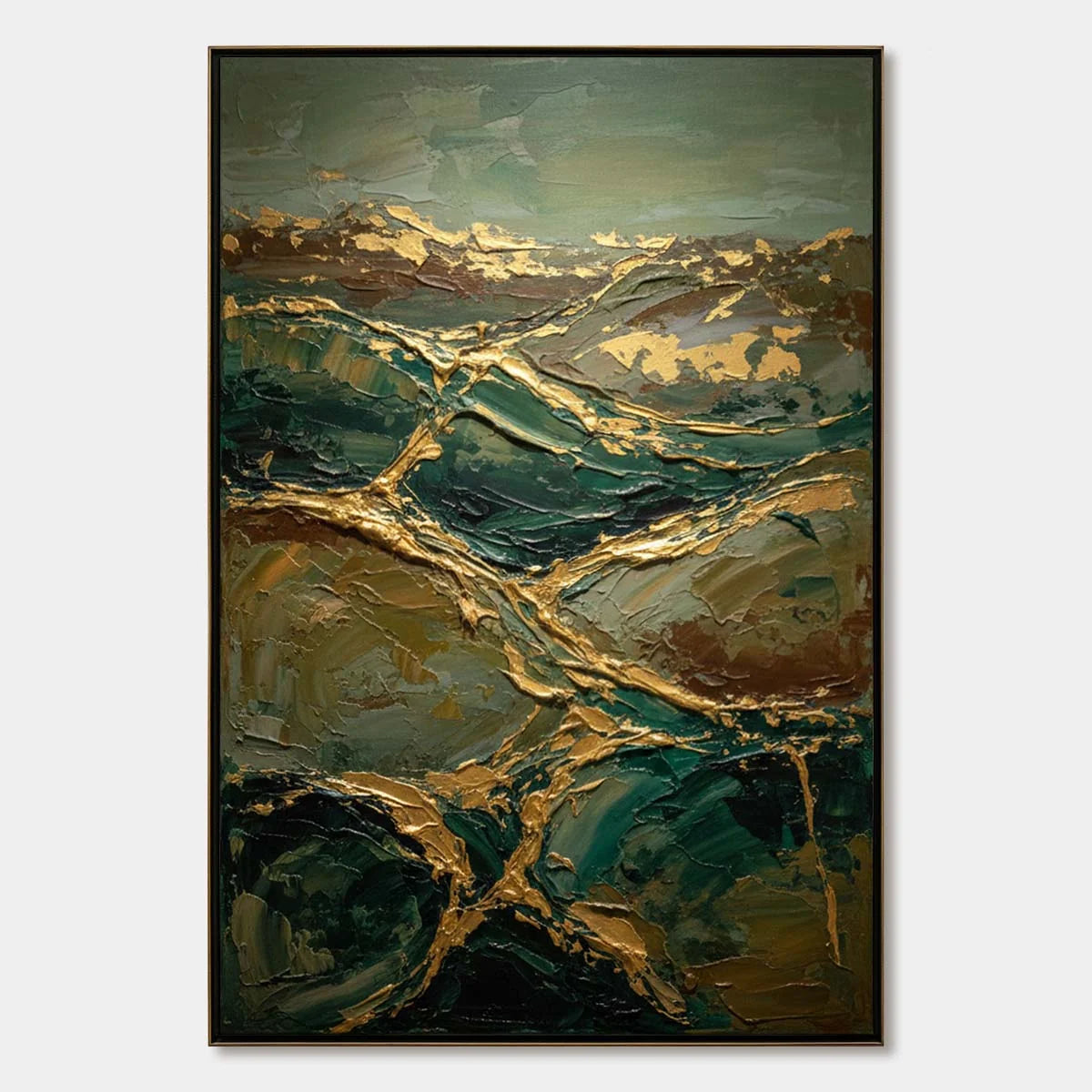 GOLDEN STRATA: Textured Abstract Green and Gold Mountain Impasto Painting | hanging in living room, Abstract wall art