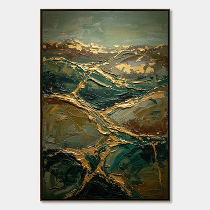 GOLDEN STRATA: Textured Abstract Green and Gold Mountain Impasto Painting | hanging in living room, Abstract wall art