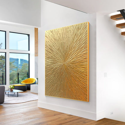 Golden Sunburst Textured Wall Art – Luxury Gold Abstract Painting on Canvas, Rad #2
