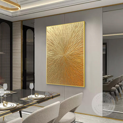 Golden Sunburst Textured Wall Art – Luxury Gold Abstract Painting on Canvas, Rad #3
