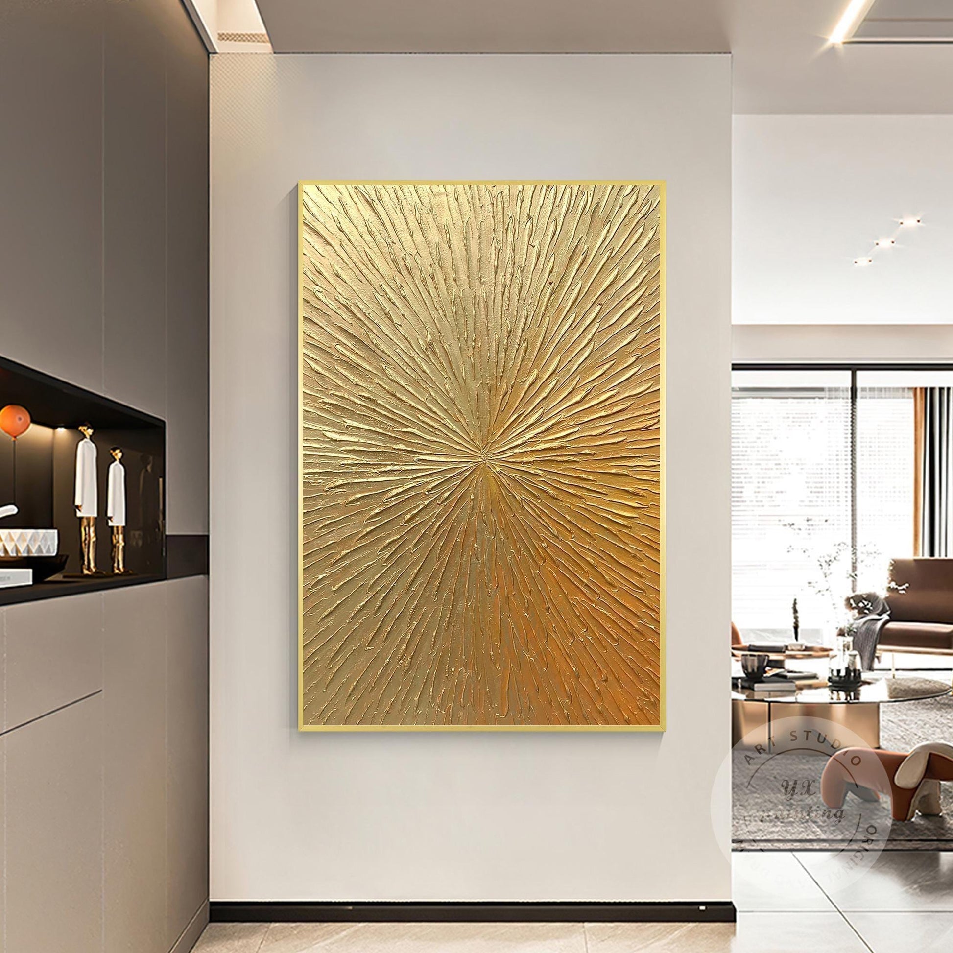 Golden Sunburst Textured Wall Art – Luxury Gold Abstract Painting on Canvas, Rad #4